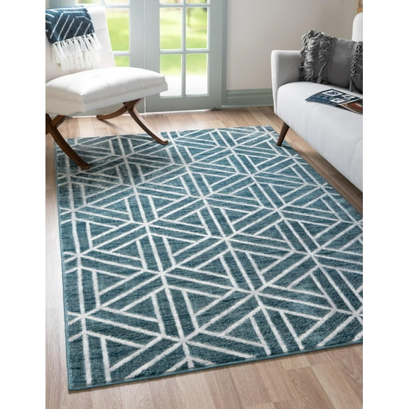 Rugs.com Lattice Trellis Collection Rug – 4' x 6' Blue Low-Pile Rug Perfect For Living Rooms, Large Dining Rooms, Open Floorplans