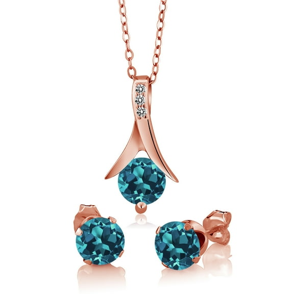 Gem Stone King 3.35 Ct London Blue Topaz White Diamond 18K Rose Gold Plated Silver Pendant and Earrings Jewelry Set