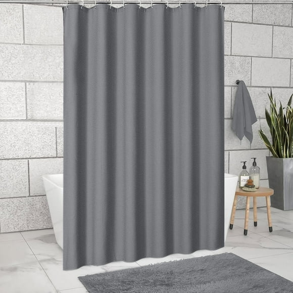 Cortina de ducha gris, poliéster texturizado, 256GSM, 71x71, 12 ganchos