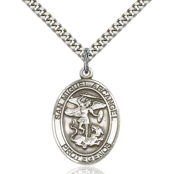 Sterling Silver San Miguel Arcangel Pendant 1 x 3/4 inches with Heavy Curb Chain