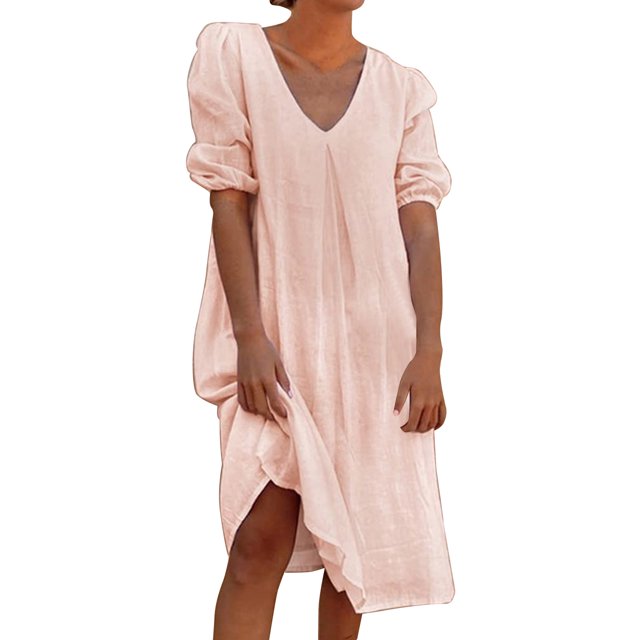 Vestido informal de verano para mujer, de color liso, con cuello en V y manga media - Túnica holgada larga, poliéster, transpirable, tallas S-XXL, ropa de playa/diaria/de fiesta