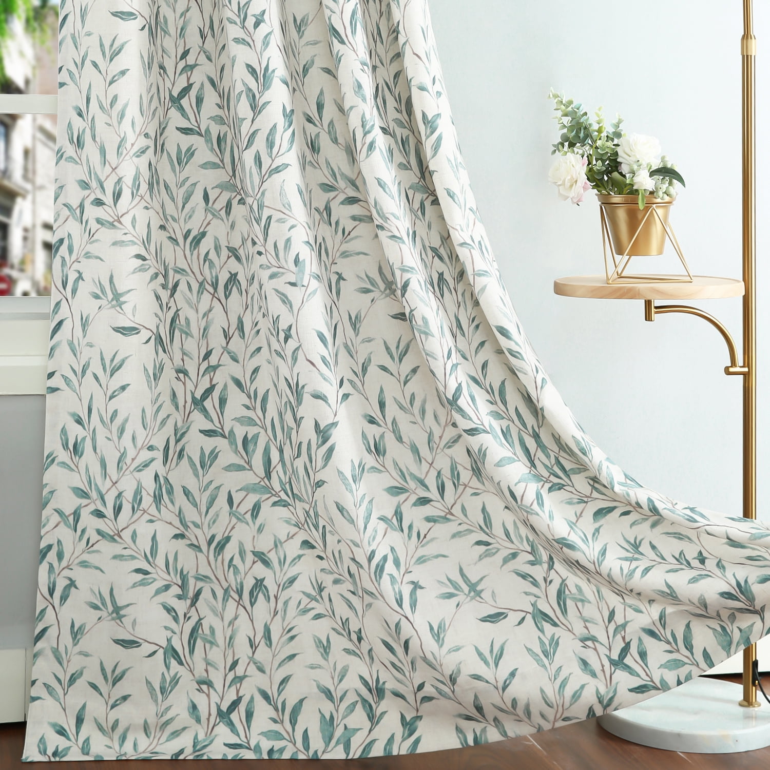 VOGOL Linen Textured Green Leaves Printed Window Drapes, Country Style Light Filtering Curtains for Bedroom, Grommets, W52"xL84", One Panel, Blue