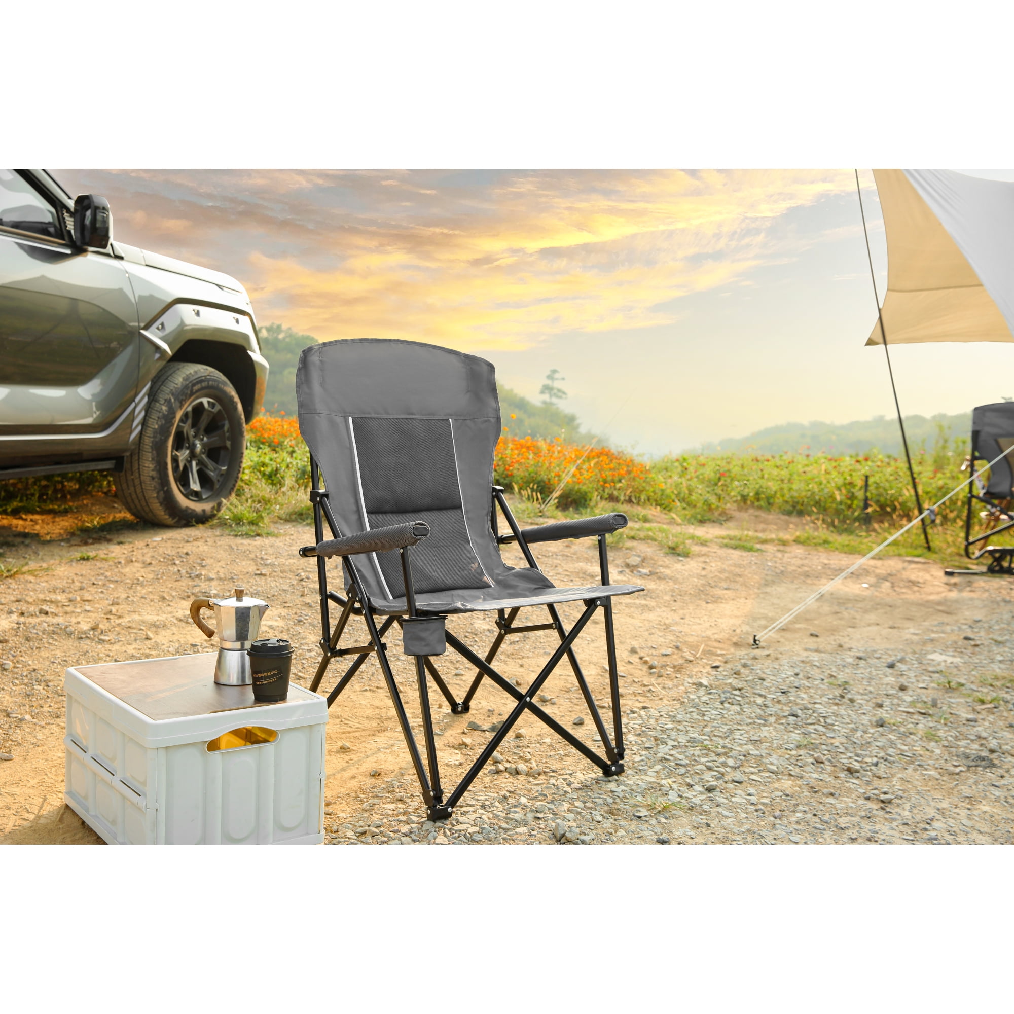 Leumius Oversized Camping Chair,Heavy Duty Portable Folding Chair with High Back & Cup Holder,Carry Bag Included,250LBS,Gray