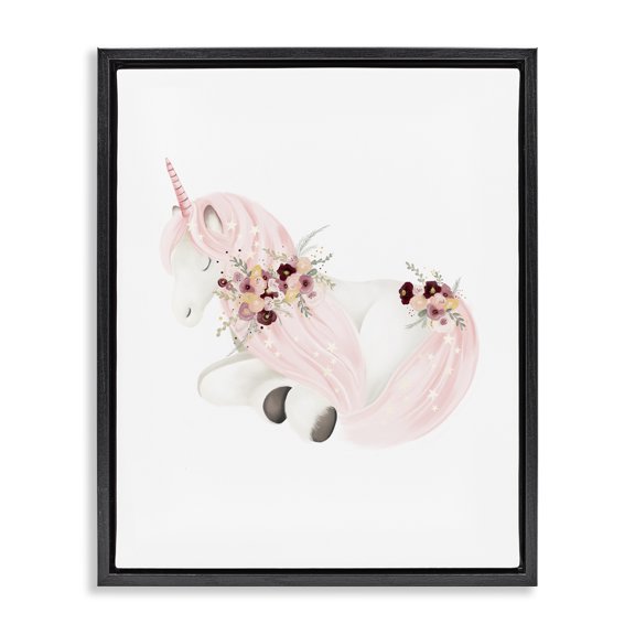 Stupell Industries Eclectic Unicorn with Pink Flowers Black Floating Frame Canvas Art, 17 x 21, by Studio Q