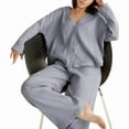 thumbnail image 3 of Conjuntos de Ropa de Estar por Casa de de Algodón para Mujer: Camisa Informal de Larga con Cuello en V y Pantalones Anchos. Gris L, 3 of 7