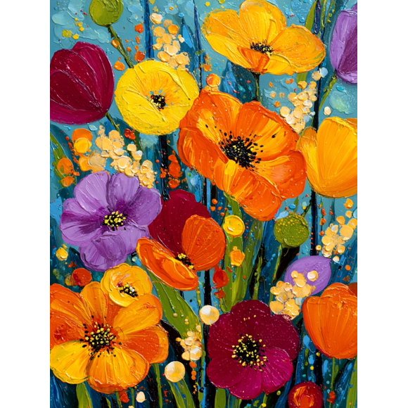 Qisvanset Vibrant Palette Knife Poppy Floral Canvas Wall Art Print 15.75x11.81 Inches