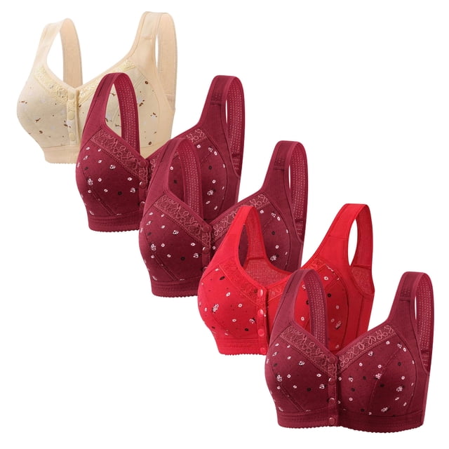 Latrodar Bras for Women Front Closure Plus Size Bras for Women 5PCS Supportive Bras No Underwire Posture Correcting Buttery Soft Bras with Wide Straps Solid Embroidered Underwear for Older Women Swim