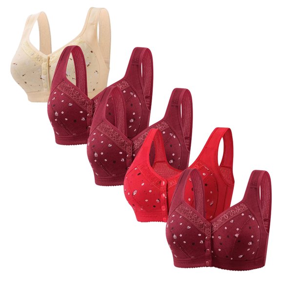 REORIAFEE Front Closure Underwire Bras Women 5PC Wireless Full Coverage Bra Lift Gather Breathable Underwear Wide Shoulder Straps Comfort Soft Lingerie Beige L