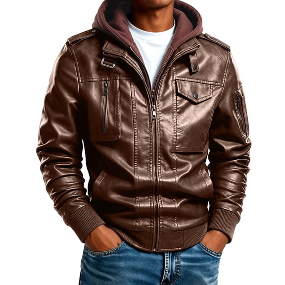 Leather Jacket Men, Vintage Motorcycle Zip up Faux Leather Jacket, Waterproof Biker PU Coat Winter