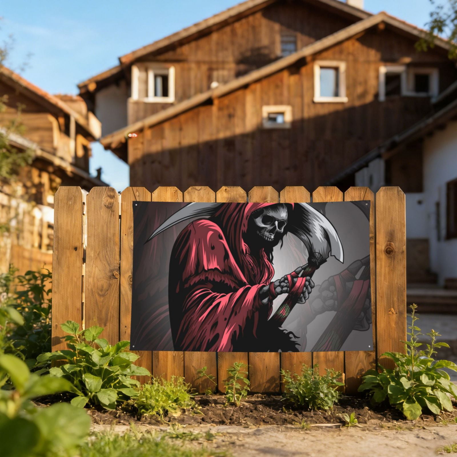 Gothic Death Skull Grim Reaper Four Hole Decorated Banner Flag for Garden Yard Home Decoration Indoor Outdoor 4x6 Ft