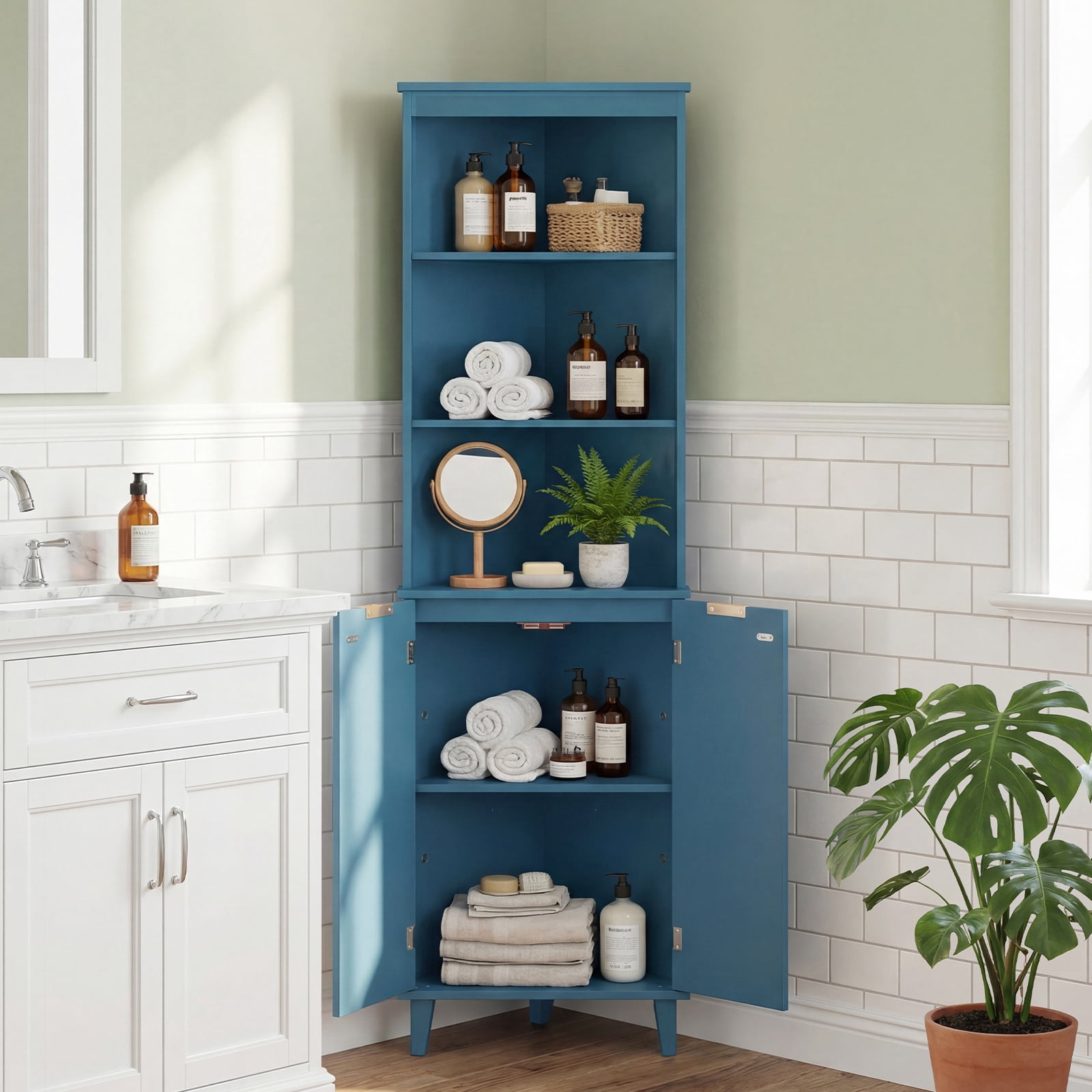 Costway 68" Tall Corner Bathroom Cabinet with Fluted Doors, Modern Bathroom Floor Storage Cabinet Blue