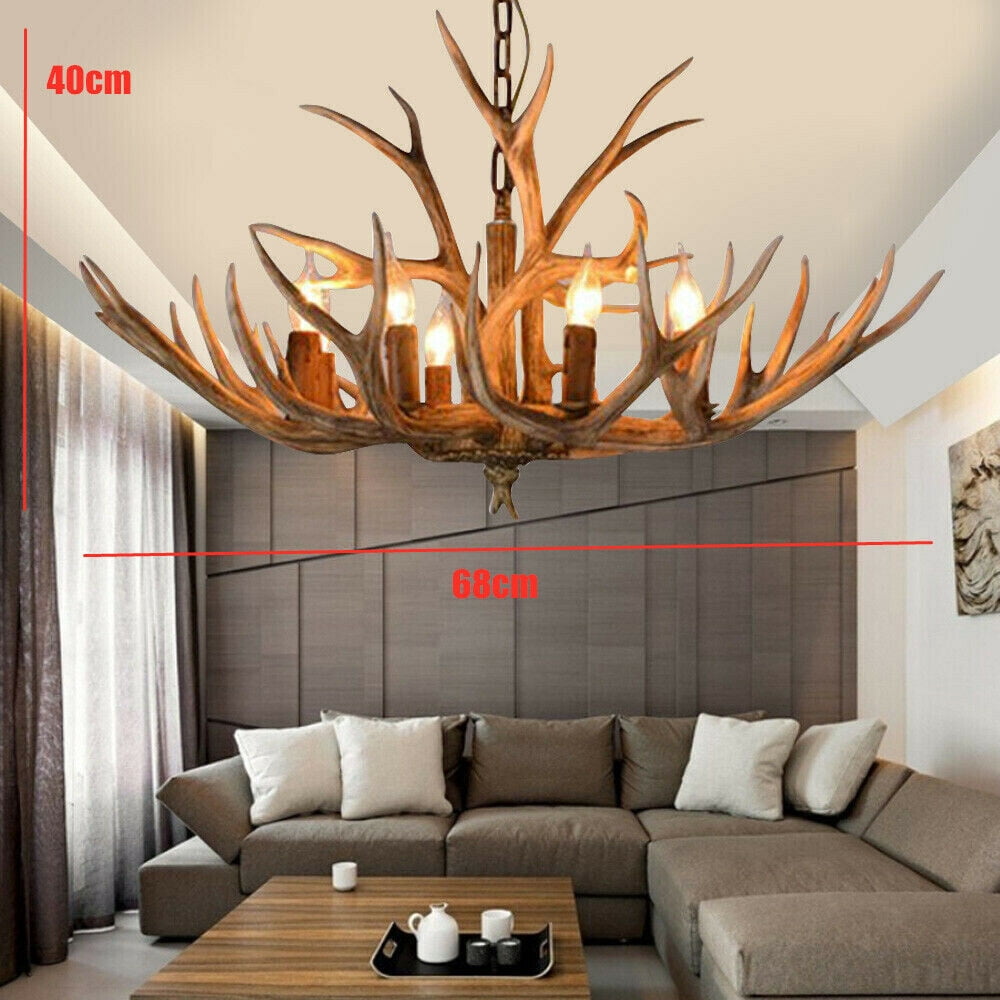DENEST 110 V Vintage Ceiling Light 6-Heads Deer Antler Chandelier Resin Lamp Home Lighting Fixture