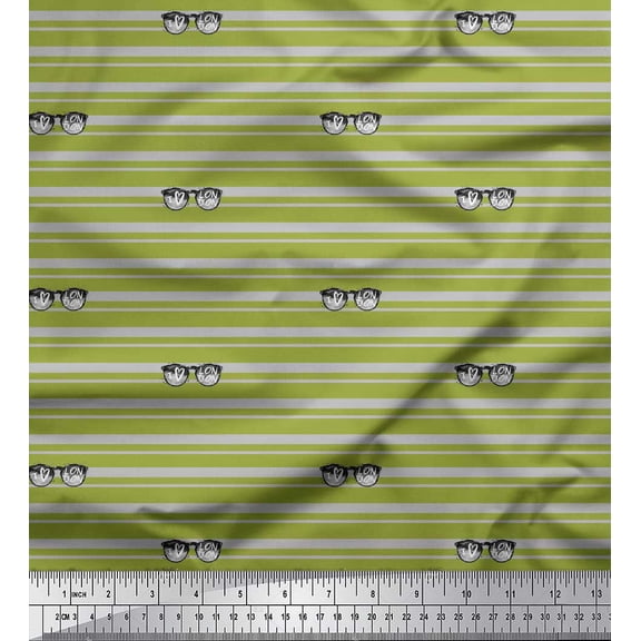 Soimoi Green Cotton Voile Fabric Text & Goggles Stripe Print Sewing Fabric Yard 42 Inch Wide