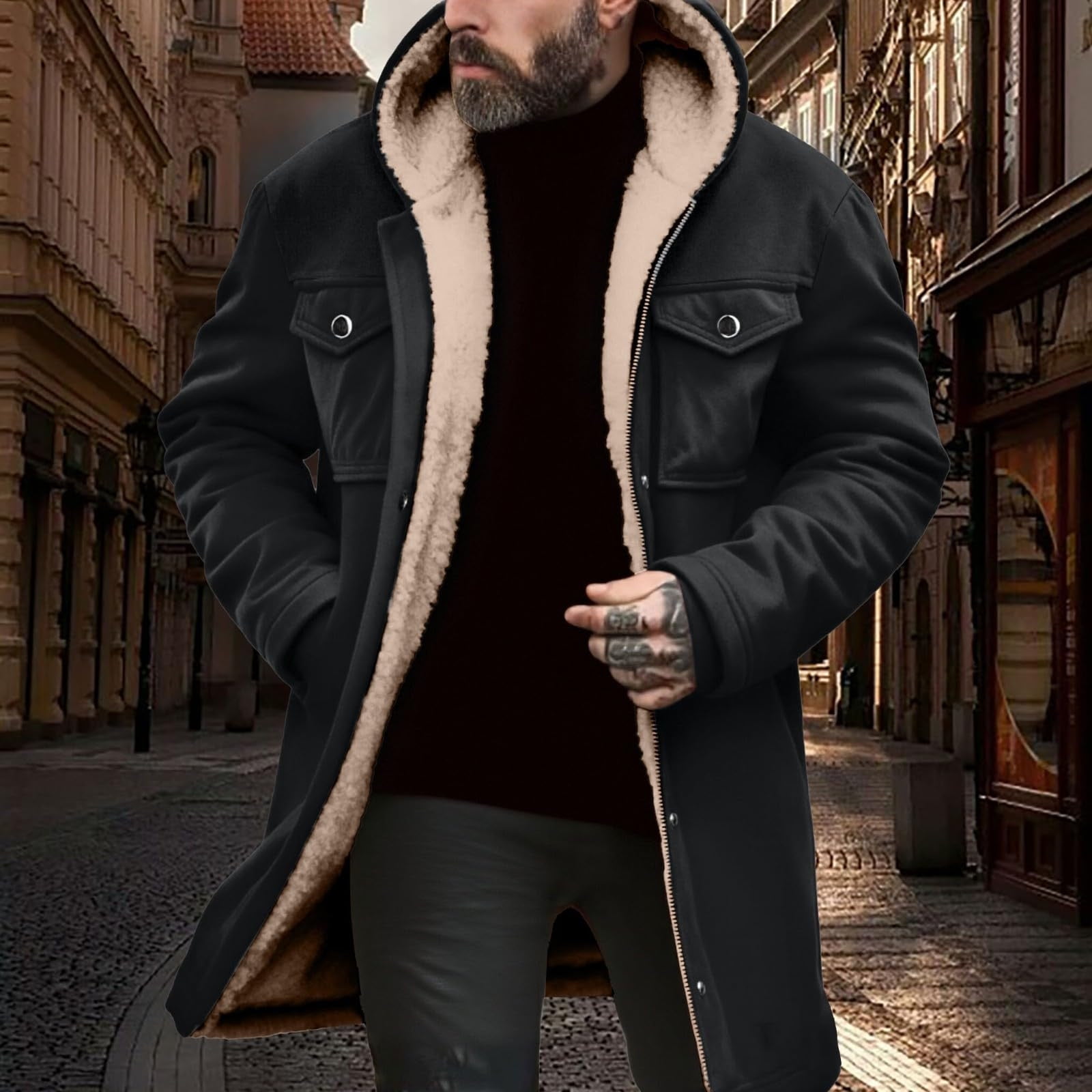 Wrtxtat Men's Fleece Coat Warm Sherpa Lined Single-Breasted Button