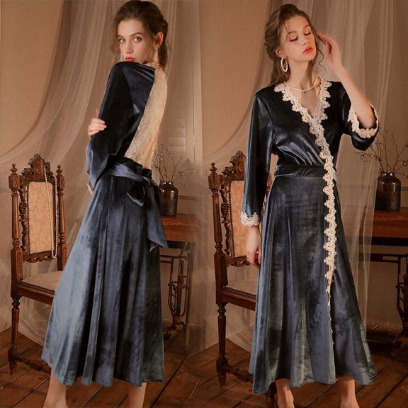 Sexy Patchwork Back Cutout Lace Bathrobe Pink Velvet Long Wedding Robe Nightgown Nightdress Autumn Women Sleepwear Home Dress (Grey,XL)