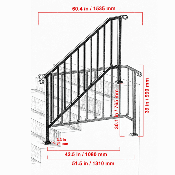 5-Step Stair Handrail Kit, Transitional Black Retro Arch Design with Installation Hardware, for Outdoor Steps, Porch & Deck