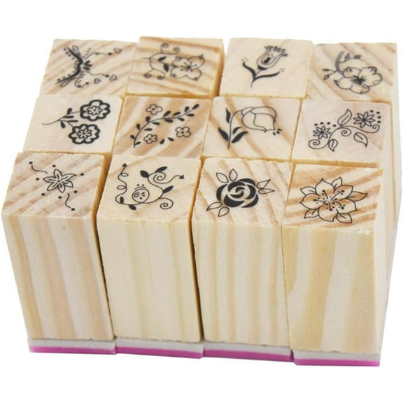 12 Pcs Mini Wooden Rubber Stamps Set,Decorative Wood Stamps for Letters, Diary Craft, Scrapbooking,Rubber Stamps for Crafting, DIY Projects,Cute Vintage Stamp Kit-Vintage Flowers Lace
