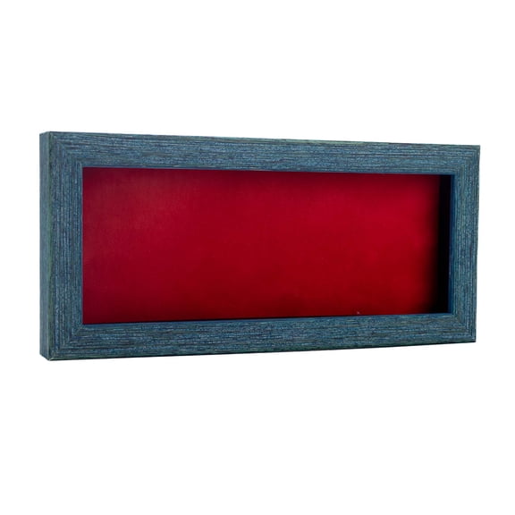 13x34 Distressed Blue Shadowbox Frame - Interior Size 13x34 with 1" Usable Depth - Red Acid-Free Suede Backing