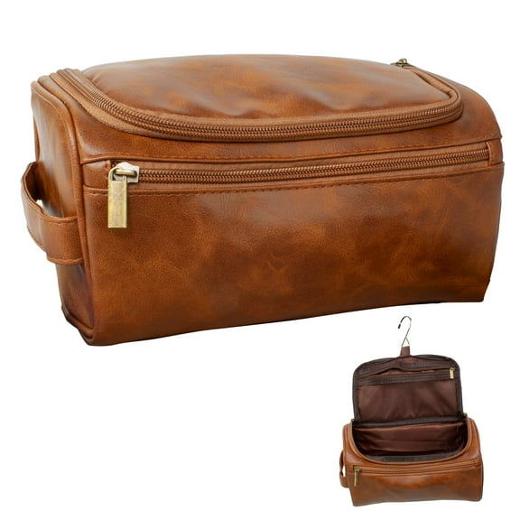 Eurow Luxe Mens 3 Compartment Brown Faux Leather Toiletry Bag With Metal Hanging Hook & Handstrap