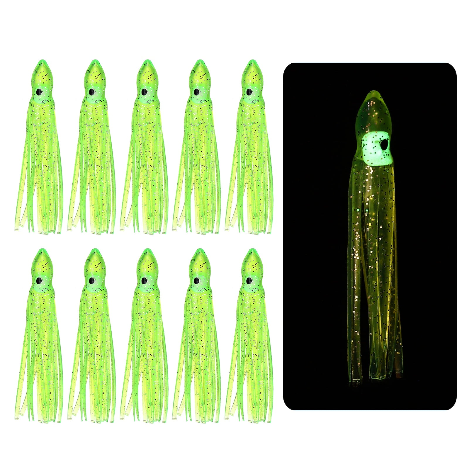 Fishing Squid Skirts Glow Soft Plastic Trolling Lures Luminous 3.5 x 0.4 Inch & 10 Pcs & Fluorescent Yellow -Fitting for (Bass/Trout)