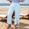 thumbnail image 7 of Thousandth Women's Cotton Linen Pants Casual Summer Elastic Waist Wide Leg Loose Fit Palazzo Pants Cropped Trousers with Button Decor and Slit Hem Daily Wear, 7 of 7