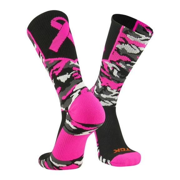 Woodland Aware Breast Cancer Ribbon Crew Socks (Black/Hot Pink, Small)