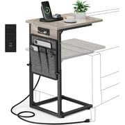 C Shaped End Table with Charging Station Adjustable Height Side Table for Couch Small Sofa Table with Storage Bag Slide Under Sofa TV Tray Snack Arm Tables for Living Room Bedroom Br