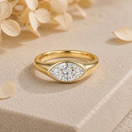 Diamond Engagement Ring, Minimalist Statement Ring, Dainty Cocktail Jewelry, Yellow Gold Plated Signet Band Ring, Marquise Cut Diamond Alternative