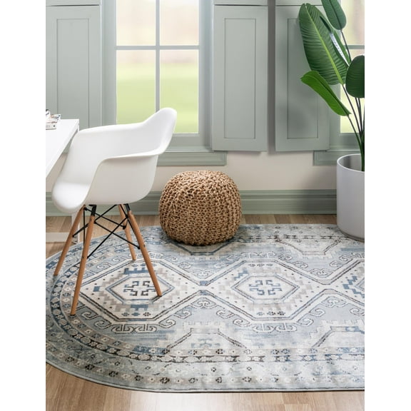 Rugs.com Charlotte Collection Rug – 5' x 8' Oval Light Blue Low-Pile Rug Perfect For Living Rooms, Large Dining Rooms, Open Floorplans