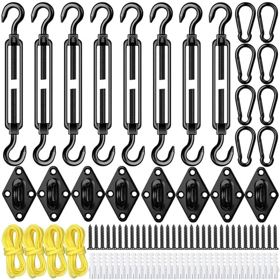 92 Pieces Shade Sail Hardware Kit Rust-Proof Shade Hardware Kit for Triangle Rectangle Shade Sail Installation Black