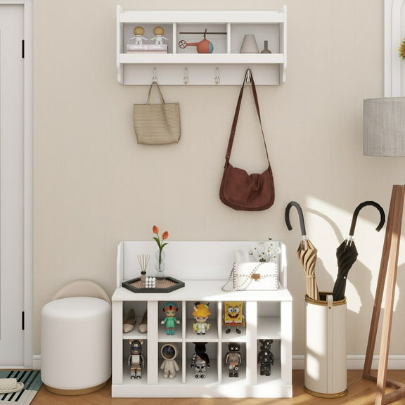 Shoe Storage Bench with Shelves and 4 Hooks, Elegant Hall Tree with Wall Mounted Coat Rack, Entryway Organizer For Hallway, Foyer, Mudroom, White