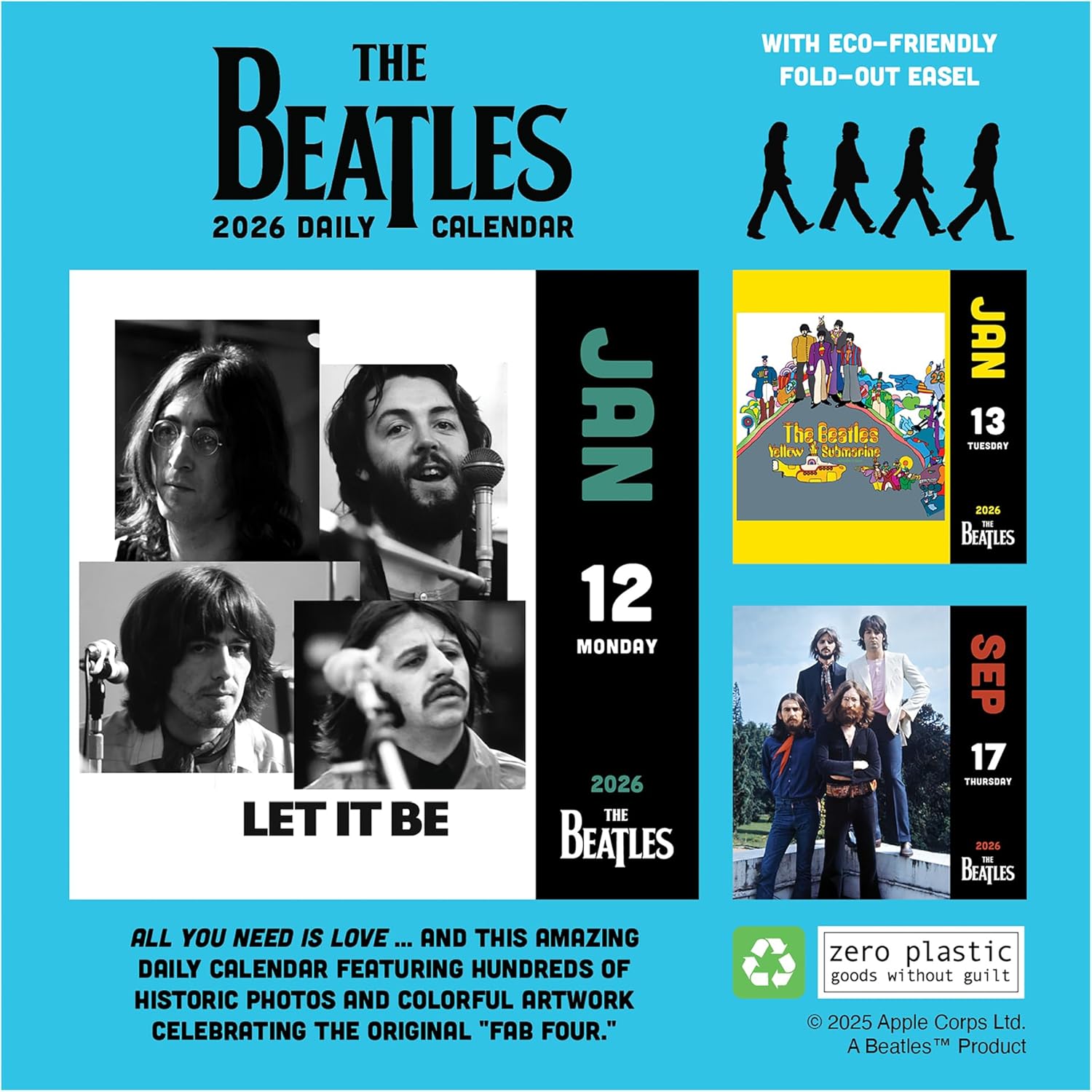2026 The Beatles Daily Desktop Calendar - Home and Office Organization - Small Desk Calendar 2026 with Full-Color Tear-Off Pages and Standing Cardboard Easel - 5.25in x 5.25in
