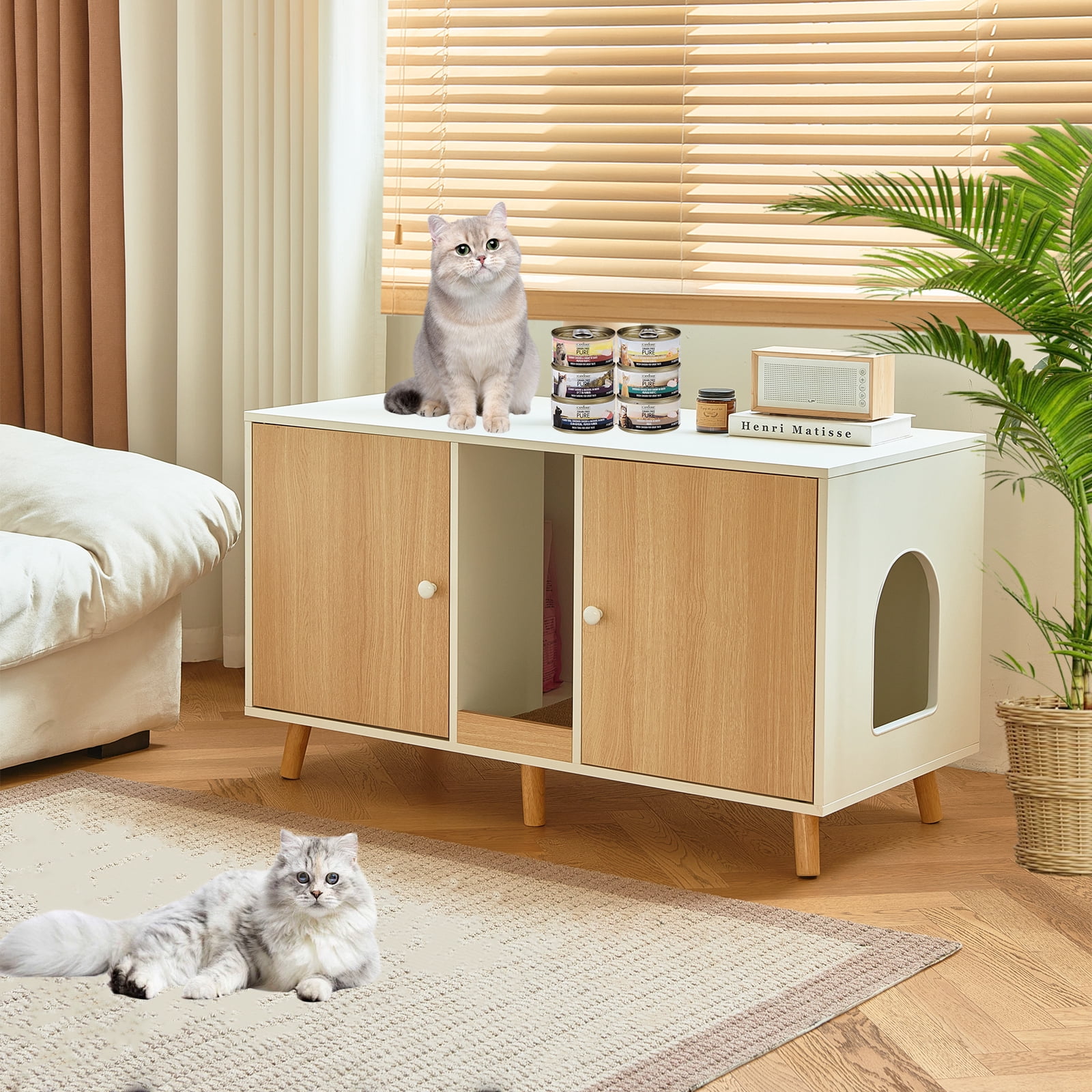 JanflyHome Litter Box Enclosure for 2 Cats, Hidden Litter Box with Double Room and Scratching Board, Cat House Kitty Washroom, Natural Wood