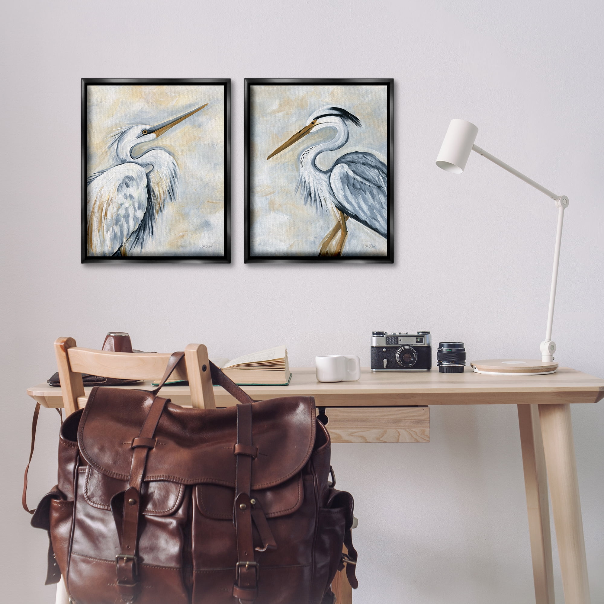 Stupell Industries White Egret Blue Heron Animals Painting Black Floater Framed Canvas Art Print Wall Art, 17 x 21, Set of 2