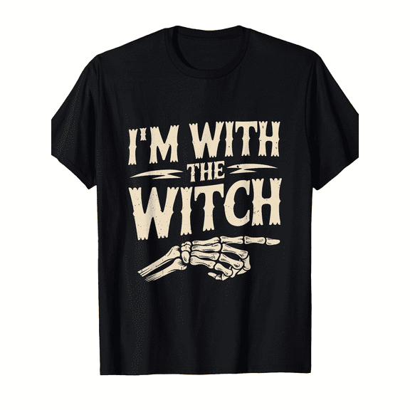 Funny "I'm with The Witch" Halloween T-Shirt - with Print & Pointing Finger Graphic - Unisex Adult Short Sleeve Round Neck Tee for Couples Matching Costumes, Casual Wear - Perfect Gift for Halloween,