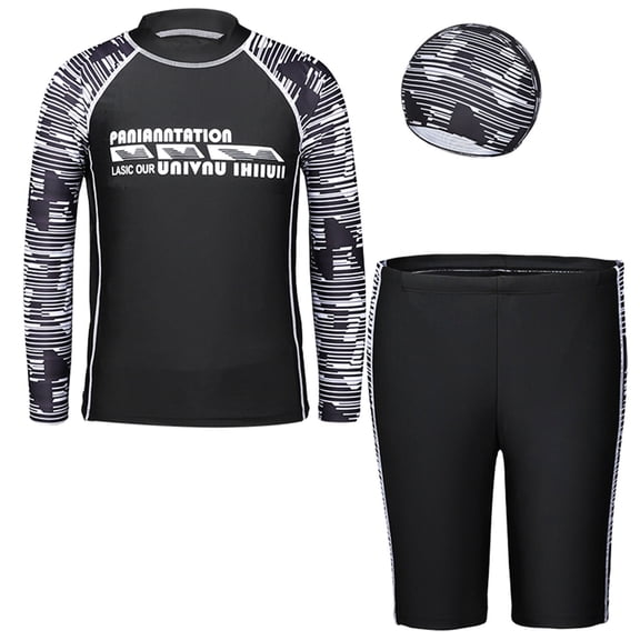 WhouRiu Big Boys Swimwear UPF 50 Sun Long Sleeve Tops Trunks with Cap Kids Swimming Pool Beach Bathing Suit,3-Piece Black,Size 8-9 Y