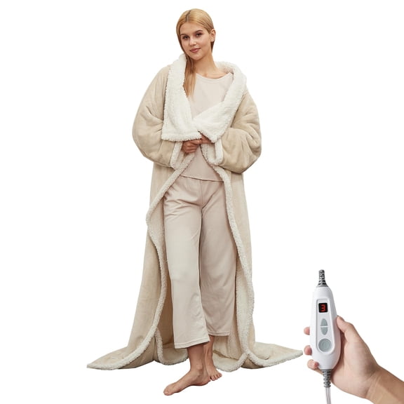 Juiluna Wearable Heated Blanket with Foot Pocket,Electric Snuggle Blanket with Sleeves,6 Heating Levels & 2/4/8/10H Time Settings,Machine Washable,Gift for Family & Friends,50 * 70" 18", Khaki
