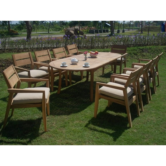 Teak Dining Set:8 Seater 9 Pc - Large 118" Oval Table And 8 Vellore Stacking Arm Chairs Outdoor Patio Grade-A Teak Wood WholesaleTeak #WMDSVLg