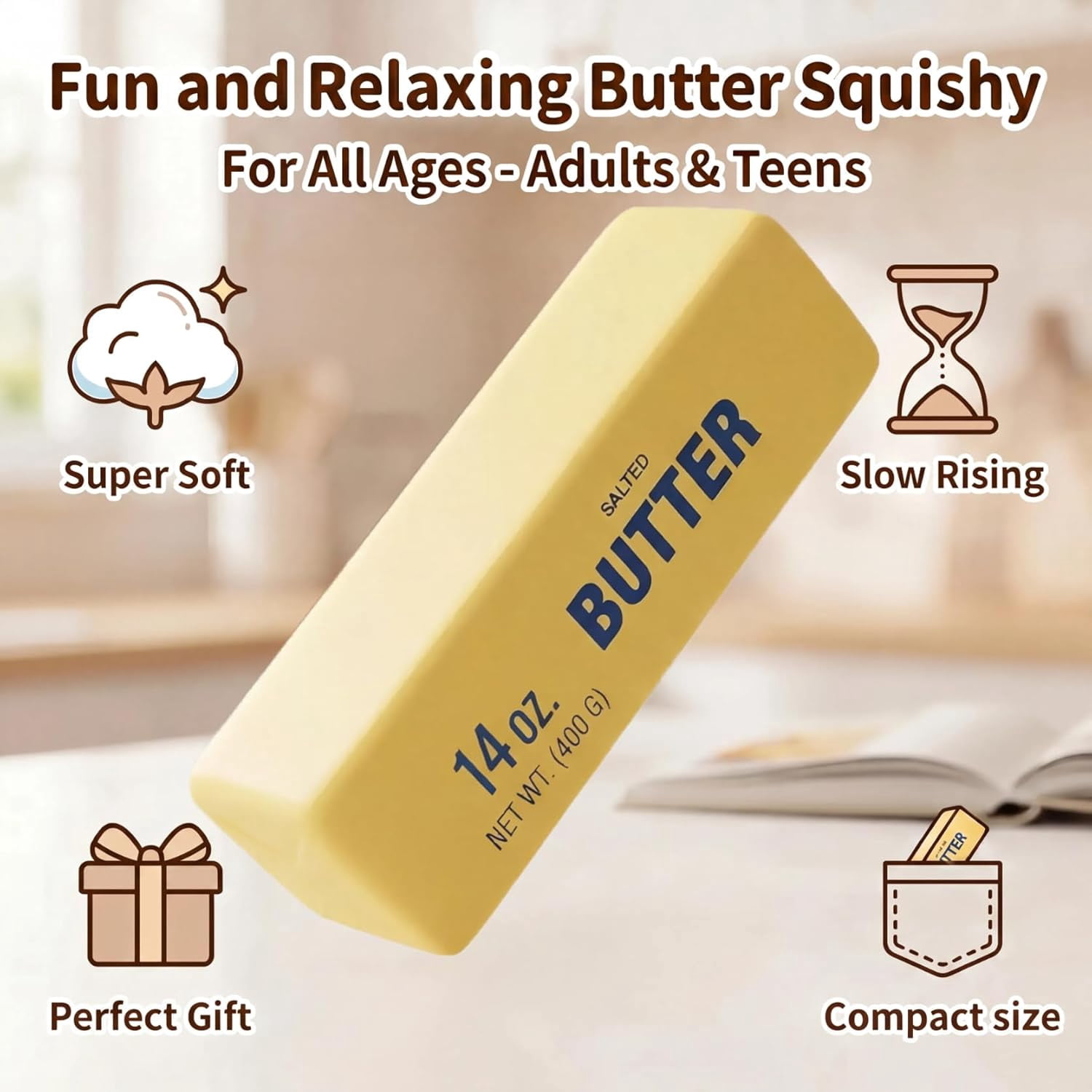 Big Butter Squishy, Giant Squishies Butter 14OZ, Jumbo Slow Rising Squeeze, Large Soft PU Foam Fidget for Anxiety & Sensory Stress Relief 9.8 Inch (Big-Yllow Butter 1 Pack)