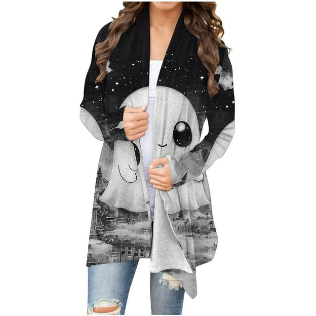 Enjoytime Cardigan Ouvert pour Femmes Imprimé Halloween Manches Longues Col en V Mode Automne Hiver Manteaux