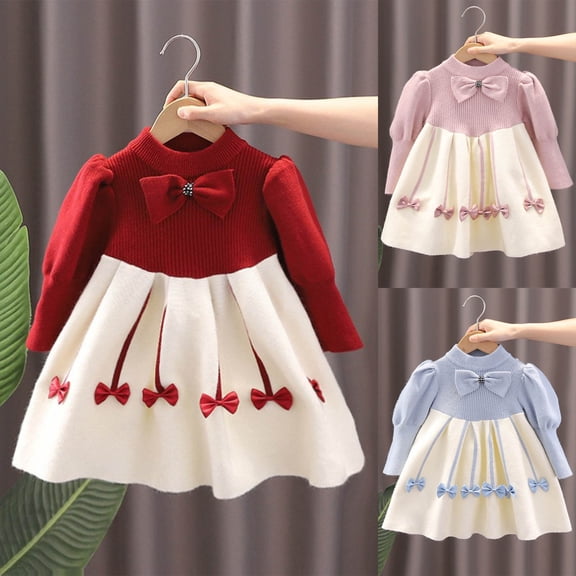 Umfun Girls Two-Tone Ribbed Knit Bow Dress - Puff Sleeve High Neck A-Line Mini Dress with Colorful Bow Decorations Cozy Fall Winter Party Outfit for Toddlers and Little Girls