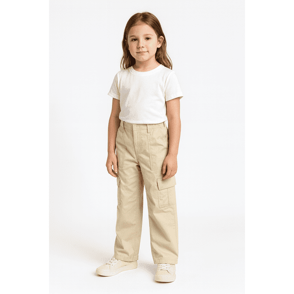 Girls Cargo Pants Small 5/7 Beige Mid Rise Relaxed Leg Utility Pockets
