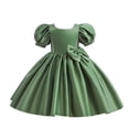 thumbnail image 2 of Short Flower Girl Dress, Girls Solid Color Puff Sleeve Princess Dress with Bow Accents, Junior Bridesmaid Party Dress for Wedding Birthday Occasions Age 4-9 Blackish Green 110, 2 of 9
