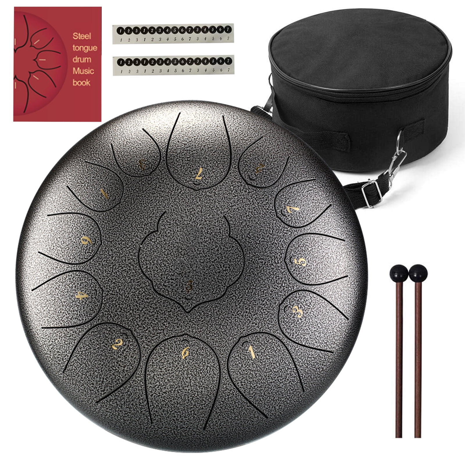 Black 12 Inch Steel Hand Drums Handpan Drum Percussion Instrument with