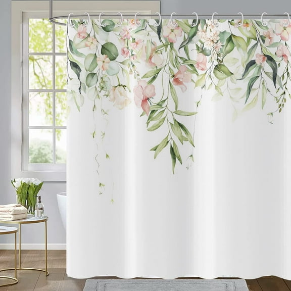 Spring Floral Shower Curtain, Sage Green Eucalyptus Leaves Willow Leaf Botanical Plants with Pink Flowers Fabric Bathroom Curtain Waterproof Washable 12 Hooks 84.00'''' x 72.00'''' (GCI-10197)