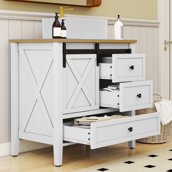 Uforic 36 Inch Bathroom Vanity with Ceramic Sink Basin, Farmhouse Style, Sliding Barn Door Cabinet & 3 Drawers, Freestanding Storage Vanity for Bathroom/Apartment, White