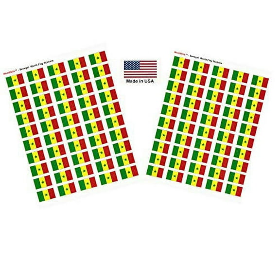 Made in USA! 100 Country Flag 1.5" x 1" Self Adhesive World Flag Scrapbook Stickers, Two Sheets of 50, 100 International Sticker Decal Flags Total (Senegal)