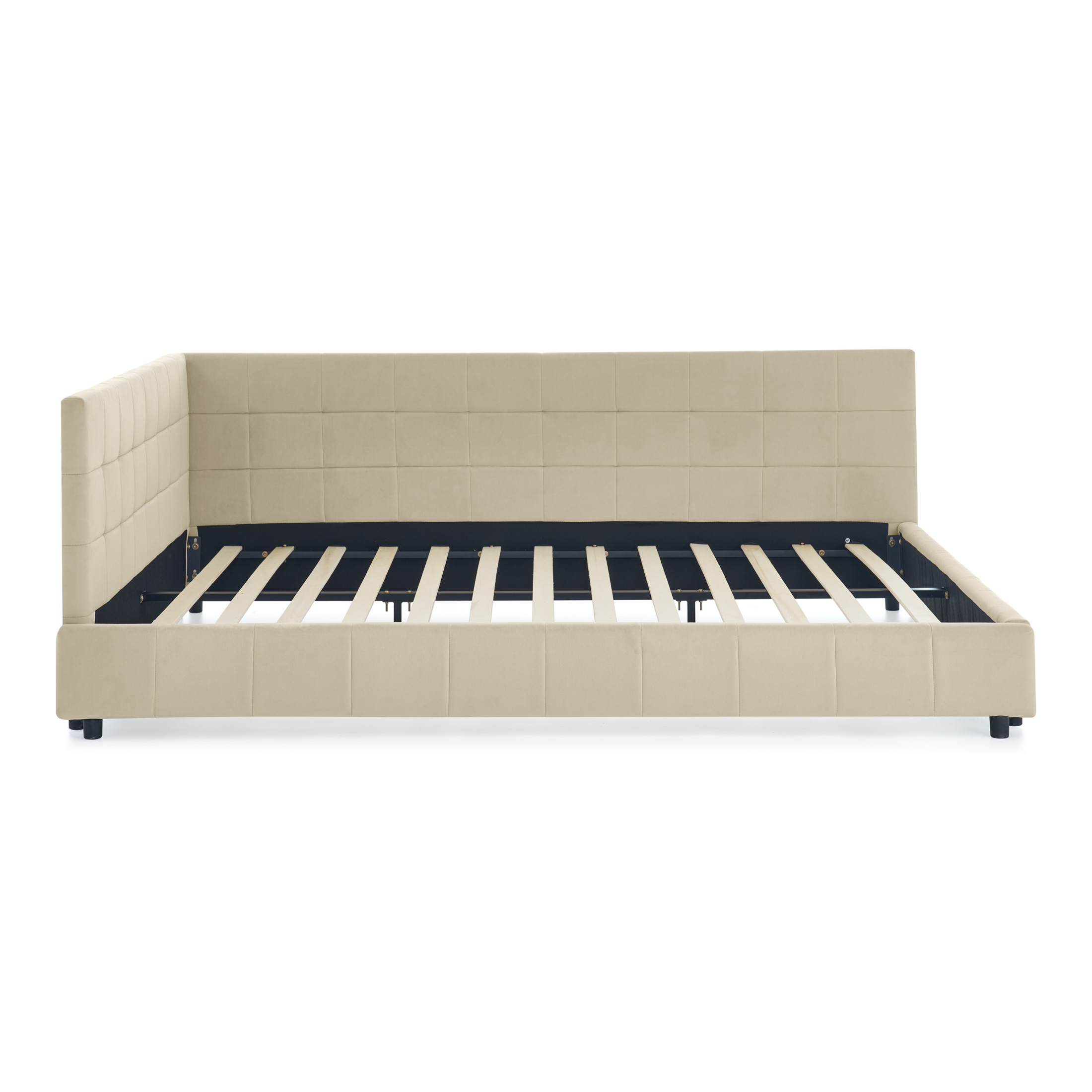 Queen Size Upholstered Tufted Storage Bed Frame with Backrest & Armrests, Velvet, Bedroom & Living Room, Beige