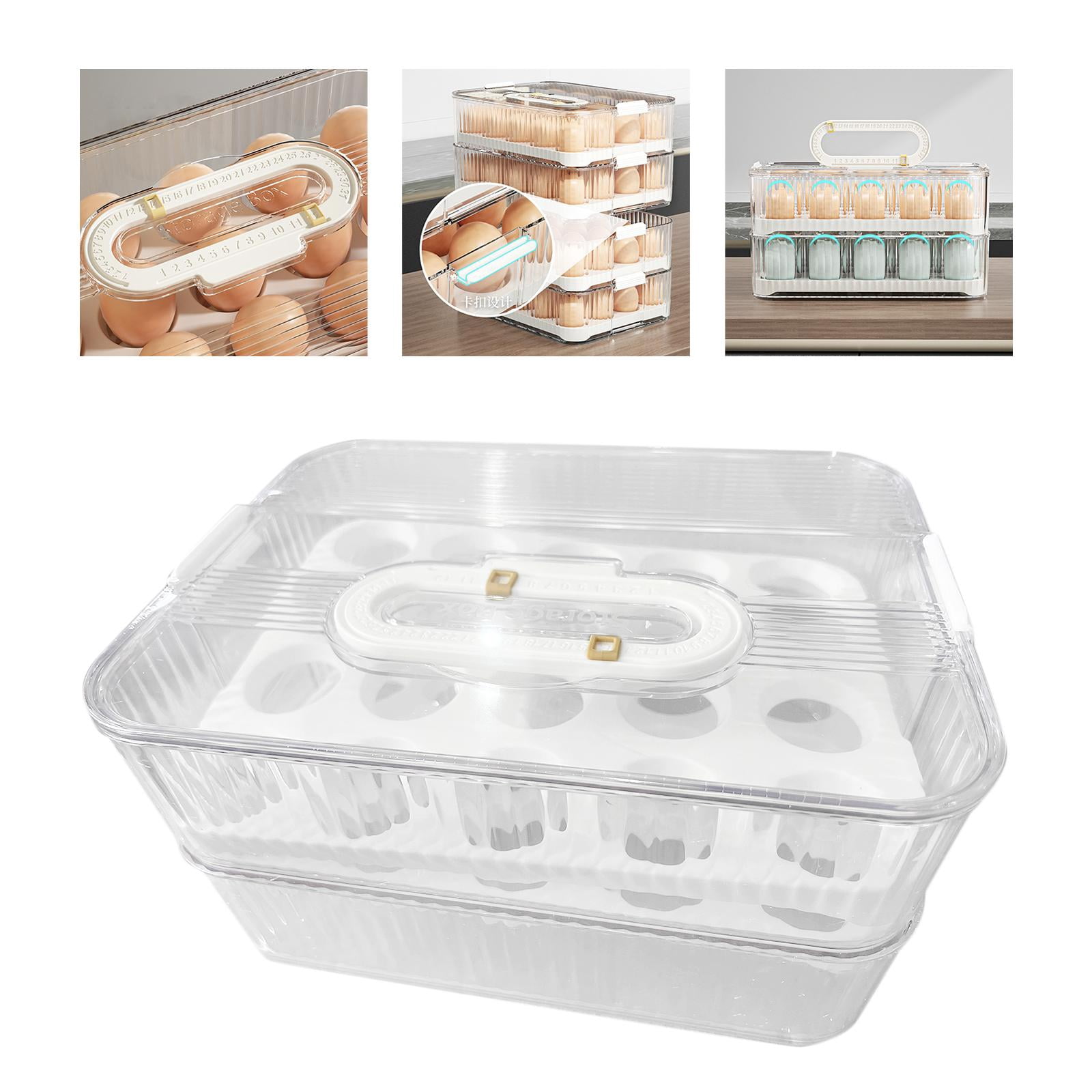 Fiocias Egg Container Freshness Timer Support Stackable Eggs Tray Bins Egg Fresh Storage 2 Layer and Clear