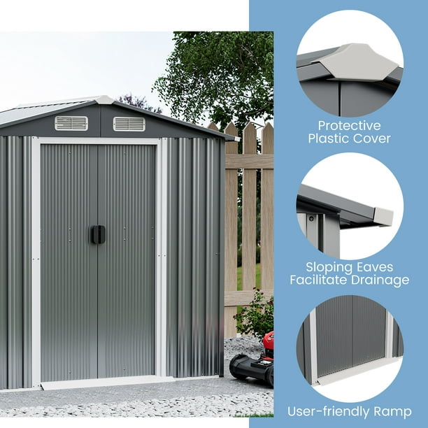 6 x 4 Feet Galvanized Steel Storage Shed with Lockable Sliding Doors-Gray | Costway